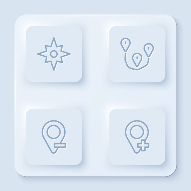 设置线风玫瑰，路线位置，位置和。白色正方形按钮。向量图片下载