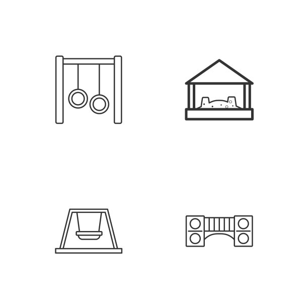 设置线游乐场儿童桥，秋千，体操环和沙盒与沙图标。向量图片下载