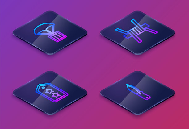 设置等距线空投箱，军衔，铁丝网和刀。蓝色方块按钮。向量图片下载