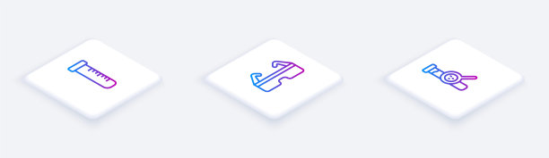 设置等距线试管和烧瓶，安全护目镜和。白色正方形按钮。向量图片下载