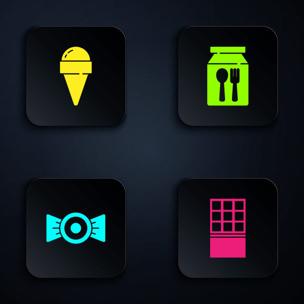 巧克力棒，华夫筒冰淇淋，糖果和在线订购送货。黑色方形按钮。向量图片下载