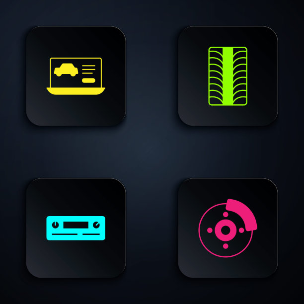 设置汽车制动盘，卡钳，汽车诊断条件，音频和轮胎车轮。黑色方形按钮。向量图片下载