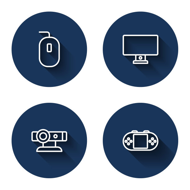 可设置电脑鼠标、显示器、网络摄像头、便携式视频游戏机等。蓝色圆按钮。向量图片下载