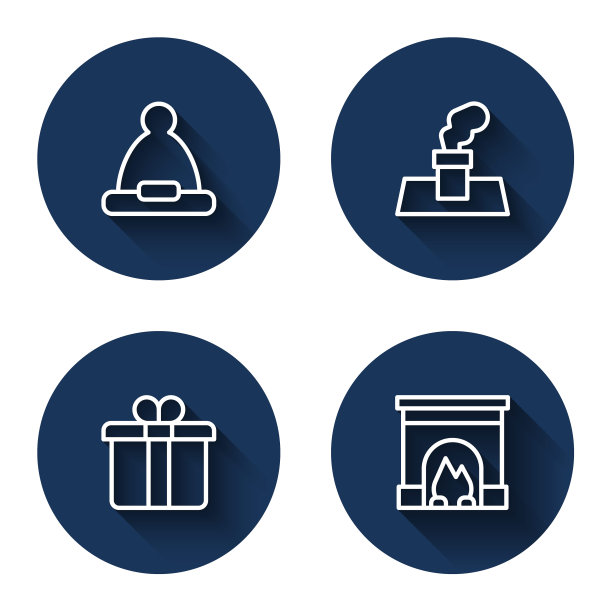 集圣诞老人帽、烟囱、礼盒及室内长影壁炉于一排。蓝色圆按钮。向量图片下载