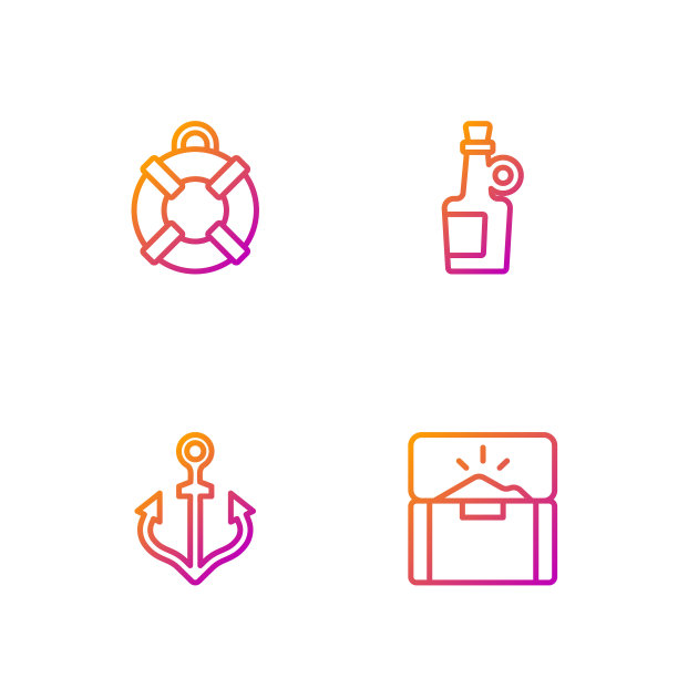 设置古董宝箱、锚、救生圈、酒饮朗姆酒。渐变颜色图标。向量图片下载