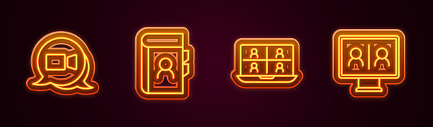 设置视频会议、电话簿、电话。发光的霓虹灯图标。向量图片下载