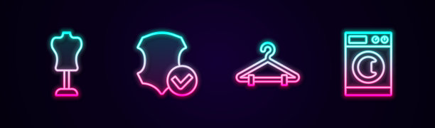 设置线人体模型，皮革，衣架衣柜和洗衣机。发光的霓虹灯图标。向量图片下载