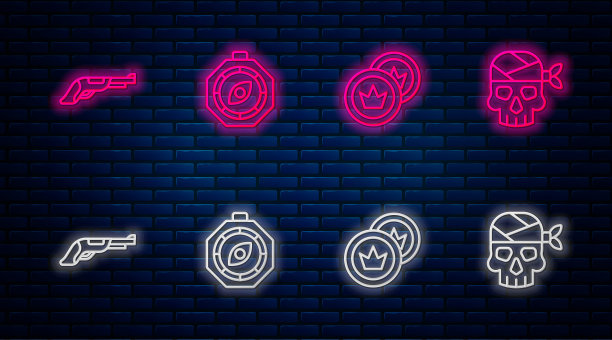 设置罗盘，海盗币，老式手枪和船长。砖墙上闪烁的霓虹灯图标。向量图片下载