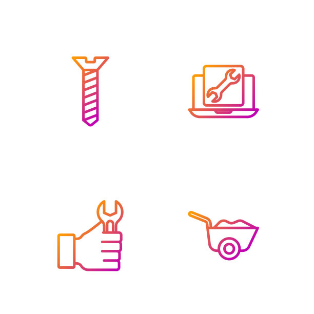 集手推车、扳手、金属螺丝、笔记本电脑服务于一体。渐变颜色图标。向量图片下载