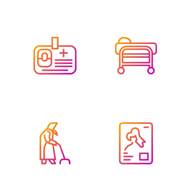 放x光片，奶奶，身份证件和担架。渐变颜色图标。向量图片下载