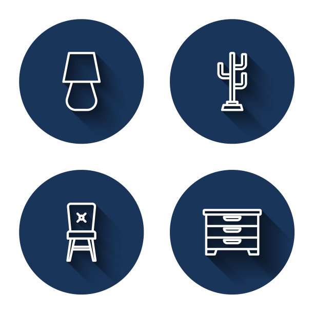 设置台灯，衣帽架，椅子和长影子的五斗柜。蓝色圆按钮。向量图片下载