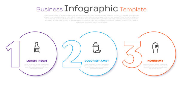 设置线威士忌酒瓶，鸡尾酒摇壶与青柠和啤酒的杯子。业务信息模板。向量图片下载