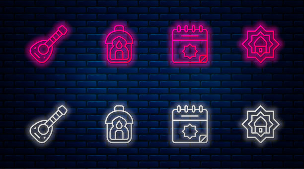 设斋月卡里姆灯、日历、鲁特琴及穆斯林清真寺。砖墙上闪烁的霓虹灯图标。向量图片下载