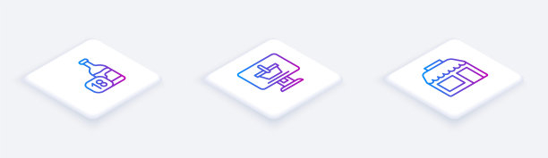 在电脑上设置酒瓶、购物车、商场等等距线。白色正方形按钮。向量图片下载