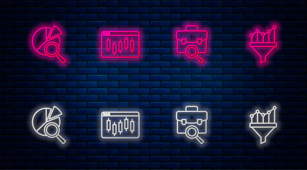 设置行浏览器，股票市场，工作搜索，搜索数据分析和销售漏斗图。砖墙上闪烁的霓虹灯图标。向量图片下载