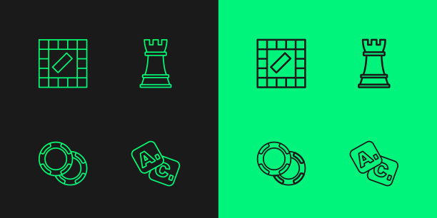 设置线宾果，赌场筹码，棋盘游戏和国际象棋图标。向量图片下载