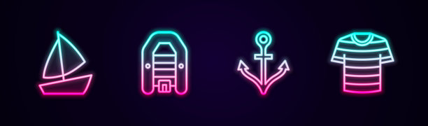 集线游艇，充气马达，锚和条纹水手t恤。发光的霓虹灯图标。向量图片下载