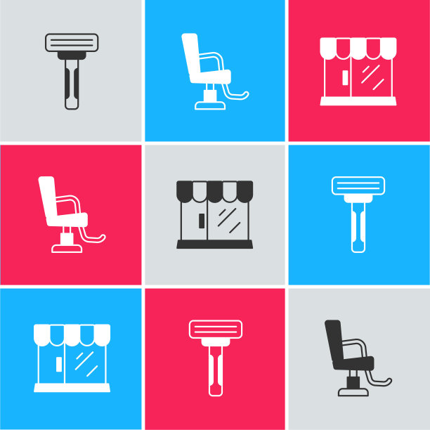 设置剃须刀，理发店椅子和建筑图标。向量图片下载
