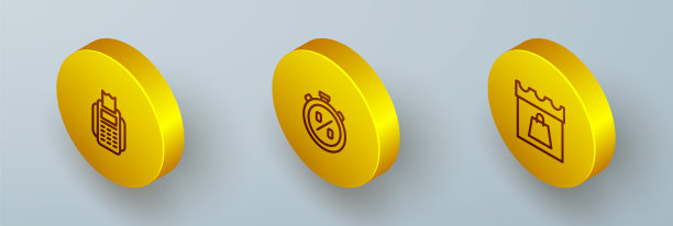 设置等距线POS终端，秒表百分比折扣和购物日图标。向量图片下载