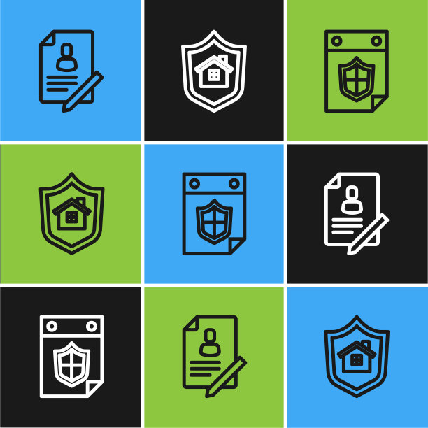 设置线文档与盾，日历和房子图标。向量图片下载