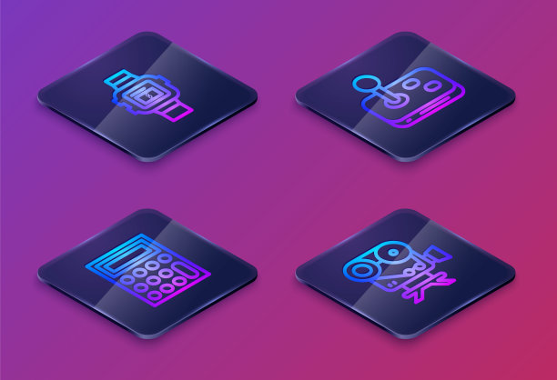 设置等距线腕表，计算器，操纵杆和复古电影相机。蓝色方块按钮。向量图片下载