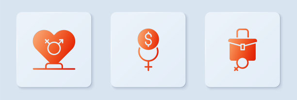 集女性金融、性别、工作为一体。白色正方形按钮。向量图片下载