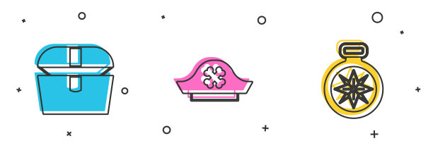 设置古董宝箱，海盗帽和指南针图标。向量图片下载
