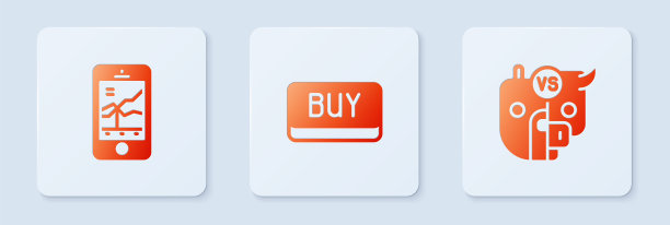 设置买入按钮，移动股票交易和牛市熊市。白色正方形按钮。向量图片下载