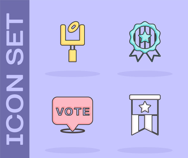 设置美国国旗，足球门柱，投票和奖牌与明星图标。向量图片下载