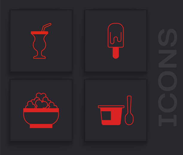 设置酸奶容器勺子，奶昔，冰淇淋和村舍奶酪图标。向量图片下载