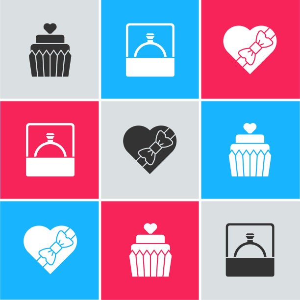 集婚礼蛋糕与心，钻石订婚戒指和糖果形状的盒子图标。向量图片下载