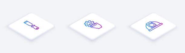 设置等距线锉刀，设置手和工人安全帽。白色正方形按钮。向量图片下载