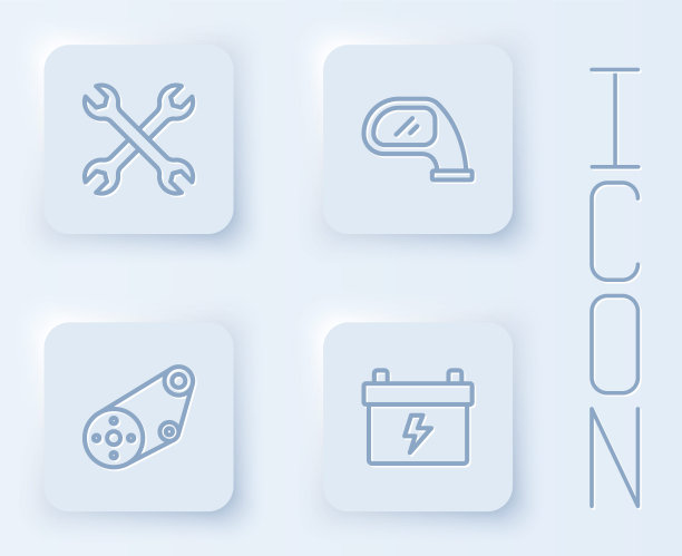 设置线扳手扳手，汽车后视镜，同步带套件和电池。白色正方形按钮。向量图片下载