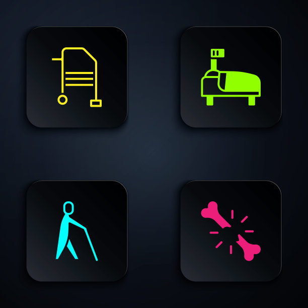 适用于人体骨折、助行器、盲人手持拐杖及医院病床。黑色方形按钮。向量图片下载