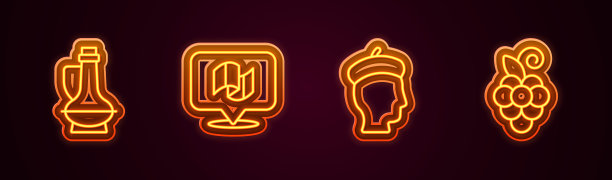 橄榄油，意大利国旗，法国人，葡萄水果。发光的霓虹灯图标。向量图片下载