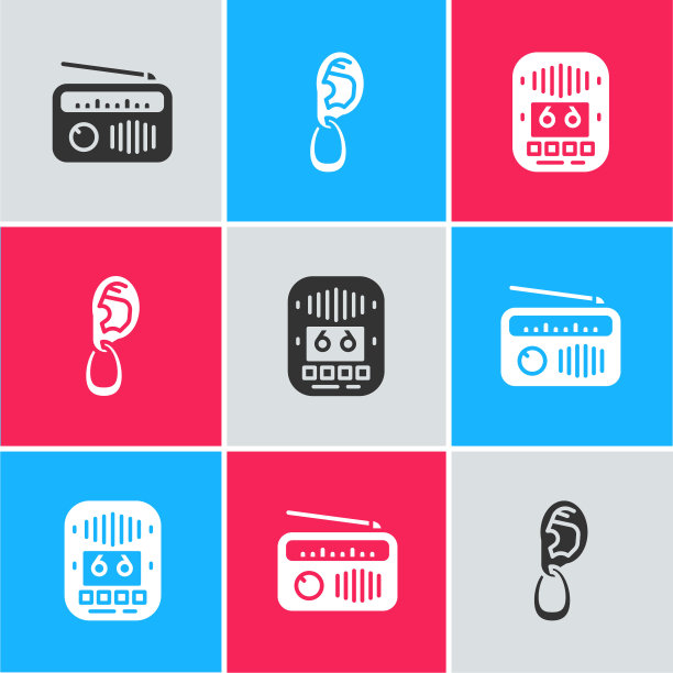 设置收音机与天线，耳环和磁带播放器图标。向量图片下载