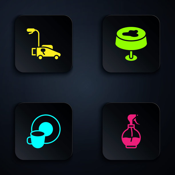 设置喷水器，割草机，洗碗和桌布上的污渍。黑色方形按钮。向量图片下载