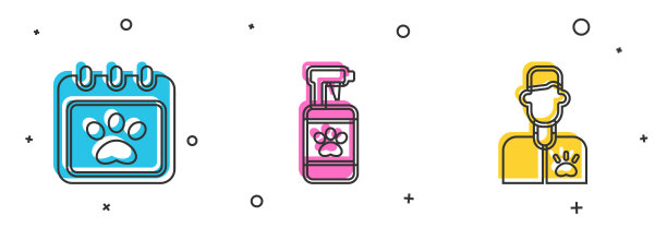 设置日历美容，宠物洗发水和兽医图标。向量图片下载