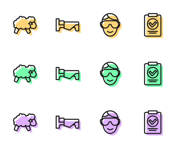 设置线眼罩，绵羊，床和医疗处方图标。向量图片下载