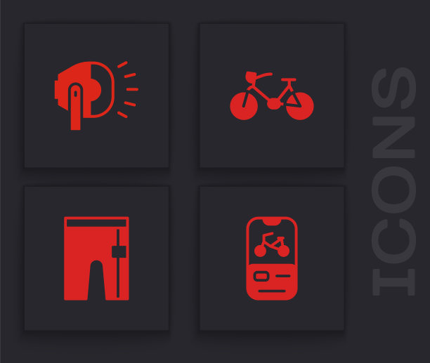 设置自行车租赁移动应用程序，头灯，自行车短裤图标。向量图片下载