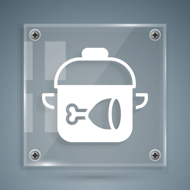 白色烹饪锅和鸡腿图标孤立在灰色背景上。鸡腿。方形玻璃面板。向量图片下载