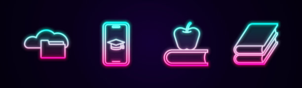 设置线云或在线图书馆，毕业帽移动，书与苹果和。发光的霓虹灯图标。向量图片下载