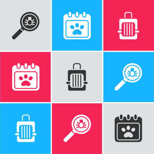 设置跳蚤搜索，日历修饰和宠物手提箱图标。向量图片下载