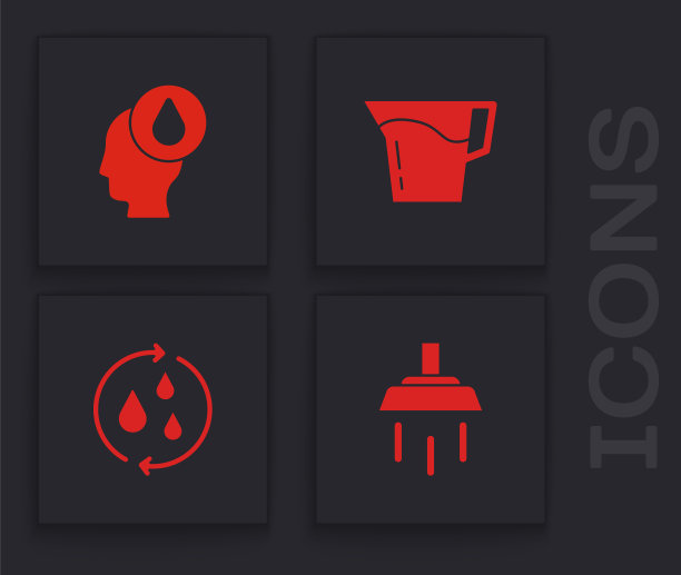 设置淋浴，滴水，水罐玻璃与水和回收清洁的水图标。向量图片下载