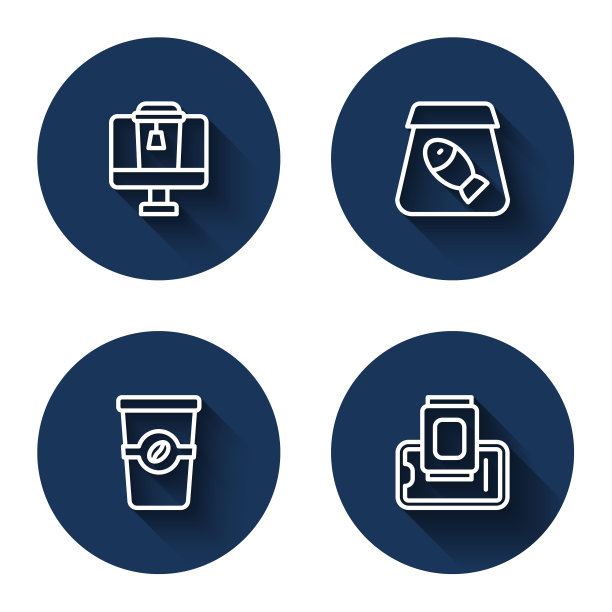 在线点餐，鱼，咖啡杯外卖和手机上的食物。蓝色圆按钮。向量图片下载