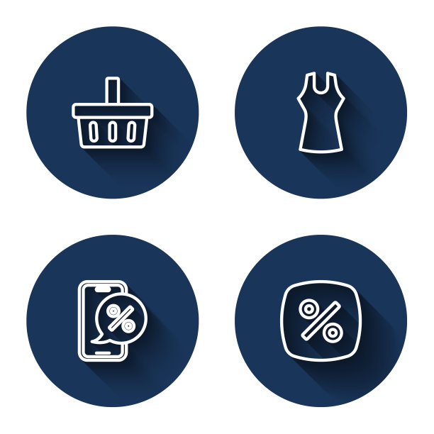 设置线购物篮，女装，电话折扣和折扣百分比标签与长阴影。蓝色圆按钮。向量图片下载
