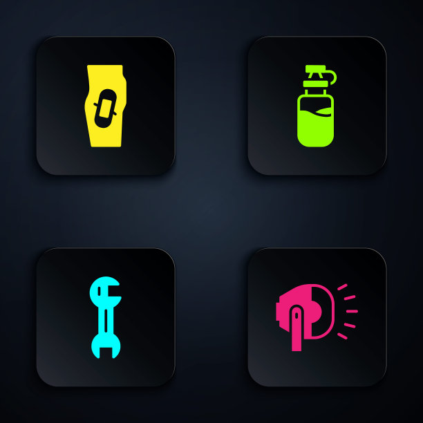 安装自行车头灯，石膏腿，扳手和运动瓶与水。黑色方形按钮。向量图片下载