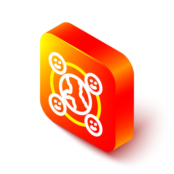 等距线国际社区图标孤立在白色背景上。全球社区。跨文化沟通。全世界交朋友。橙色平方按钮。向量图片下载