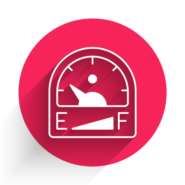 白色汽车煤气表图标孤立与长阴影背景。空油量表。加满。红色圆圈按钮。向量图片下载