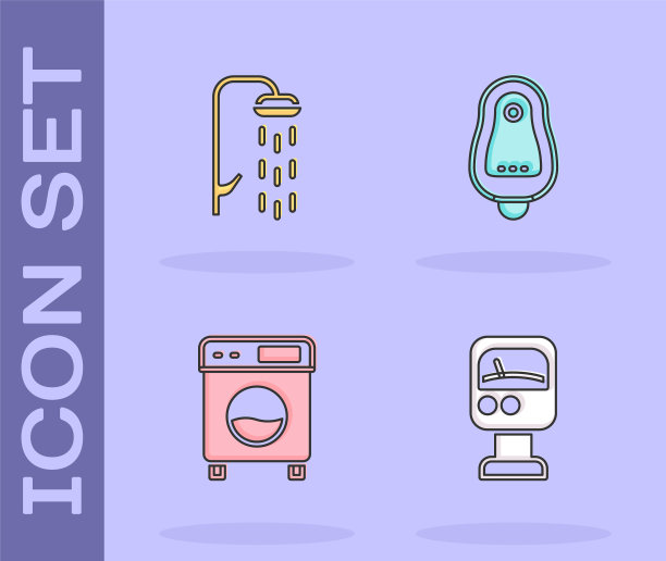 设置压力水表，淋浴器，洗衣机和厕所小便器或小便图标。向量图片下载